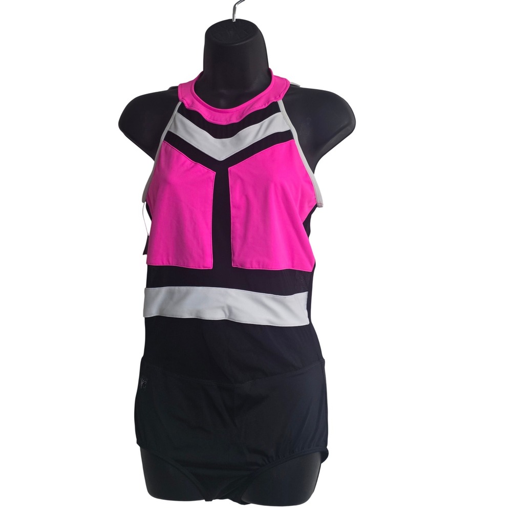 Kandi Kouture Neon Pink Black Colorblock Dance Leotard Adult Small NWT